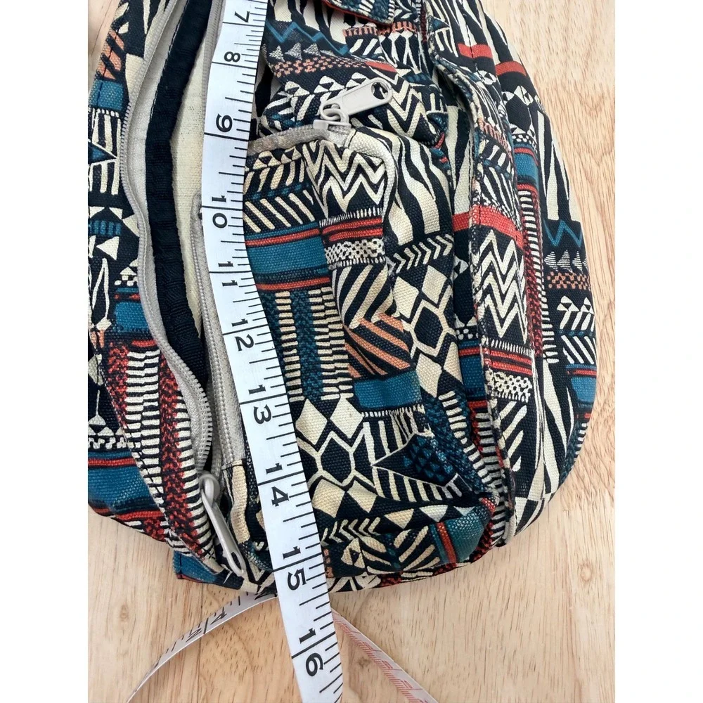 KAVU Rope Bag Canvas Sling Backpack Geometric Tribal Print Black Teal Orange #49